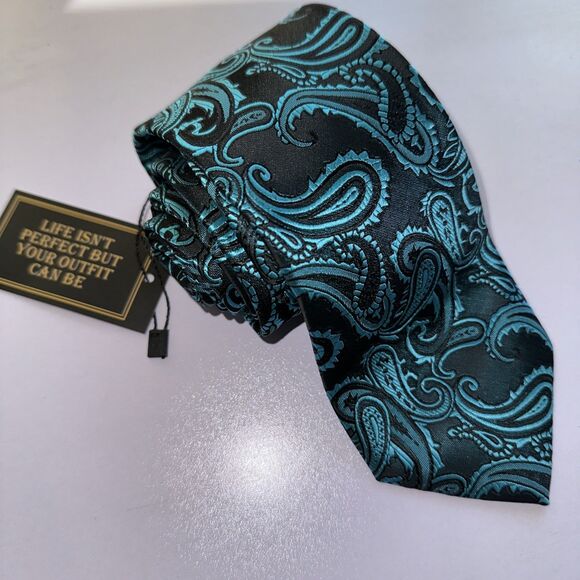 New DiBanGu Tie (58L 3W) Silk Necktie. Black Teal Men’s Paisley Print - Picture 1 of 7